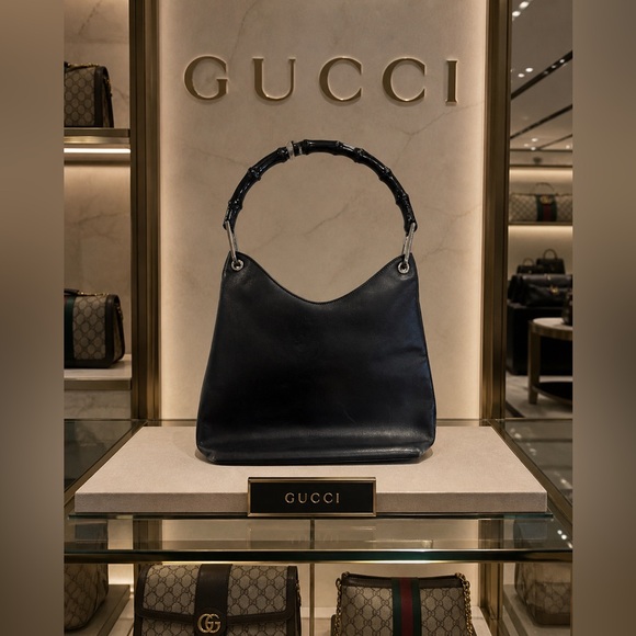 Gucci Handbags - Gucci Black Leather Shoulder Bag with Bamboo Handle